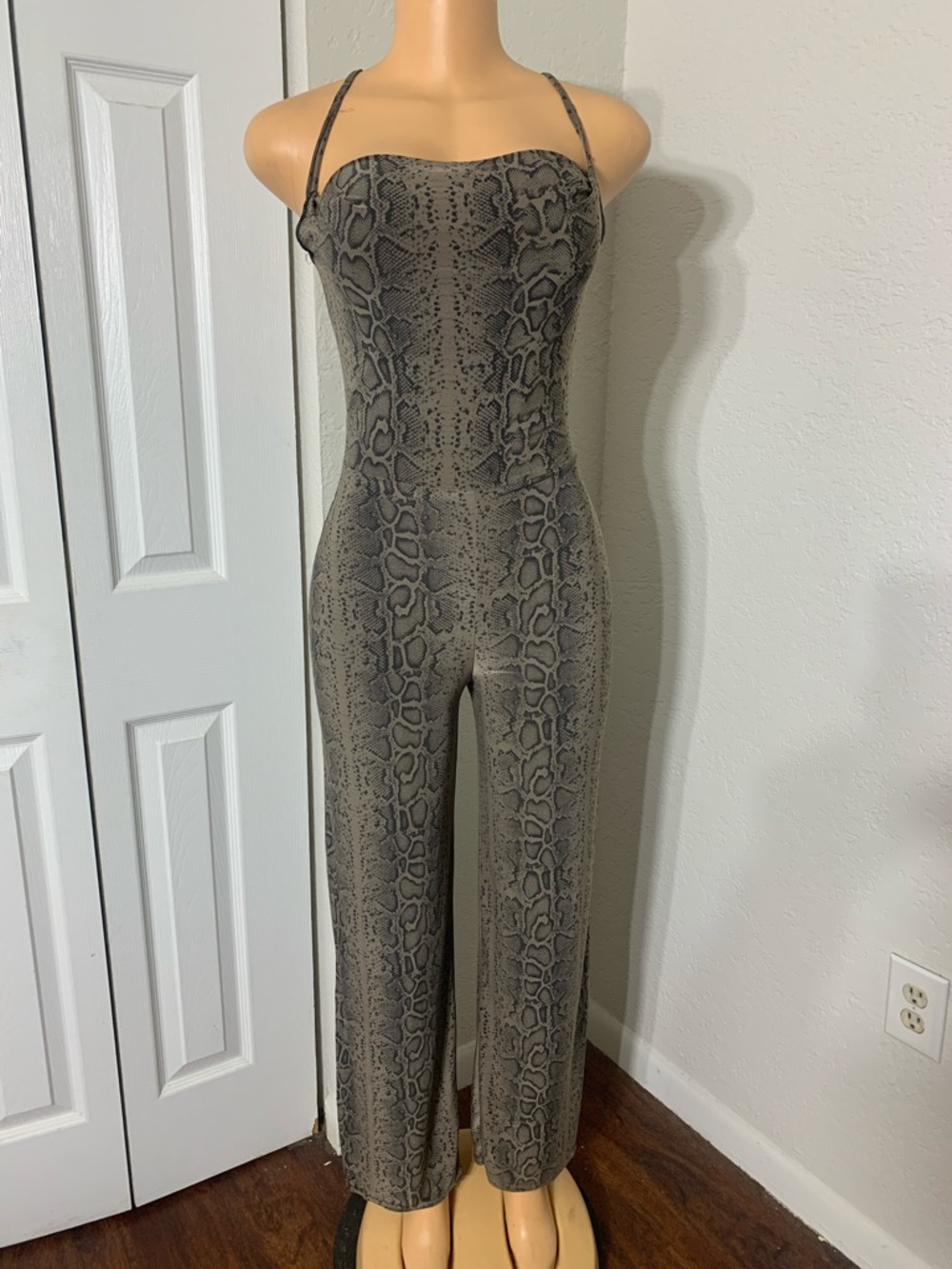 Snake-Print Strapless Jumpsuit in Gray